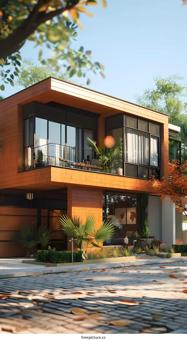 The beautiful house with brick exterior and large windows