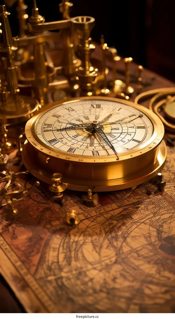 An illustration of a vintage pocket watch with intricate gears and a world map in the background.