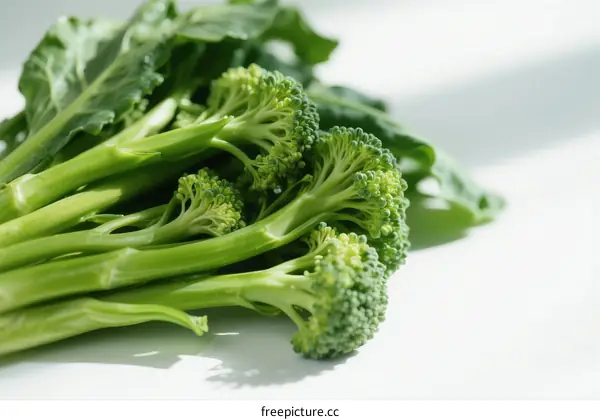 Fresh Green Broccoli with Stems and Leaves on White Background