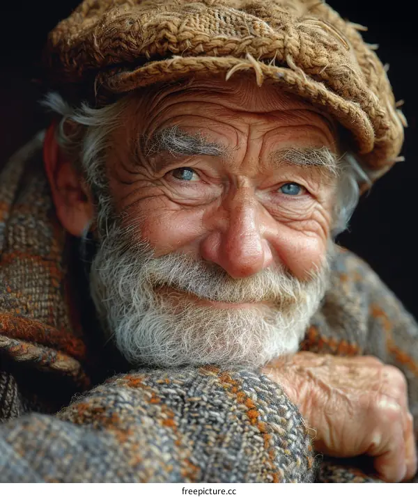 Portrait of a Smiling Elderly Man with a Knitted Cap
