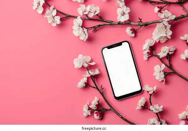 Pink Background with Smartphone and White Flowers