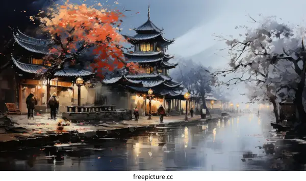 An illustration of an ancient Chinese street with a pagoda and people walking around