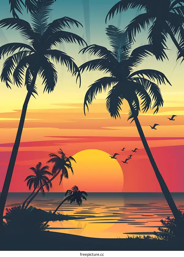 Tropical Sunset with Palm Trees and Seagulls