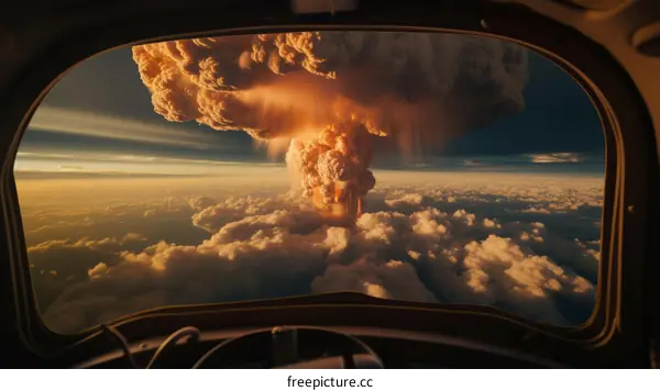 A large mushroom cloud from a nuclear explosion as seen from the cockpit of an airplane