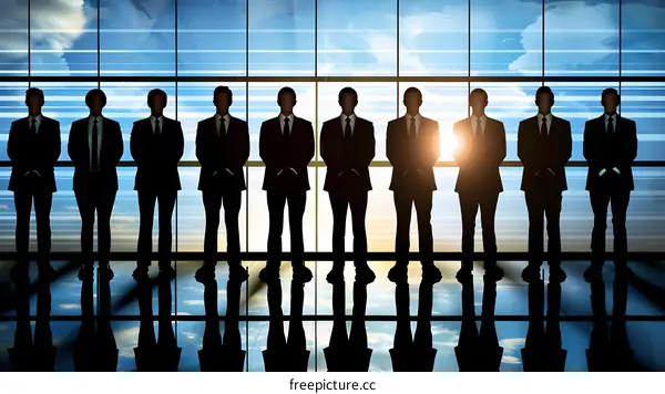 Silhouettes of Businessmen Standing in a Row Against a Window