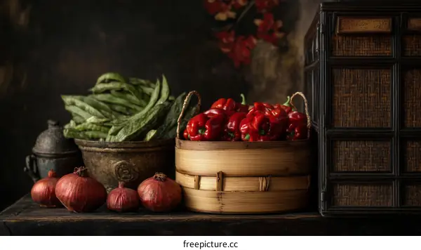 Still Life of Fresh Vegetables in Rustic Wooden Bowls