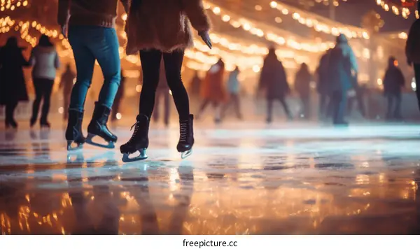 Two people ice skating on a rink with blurred background