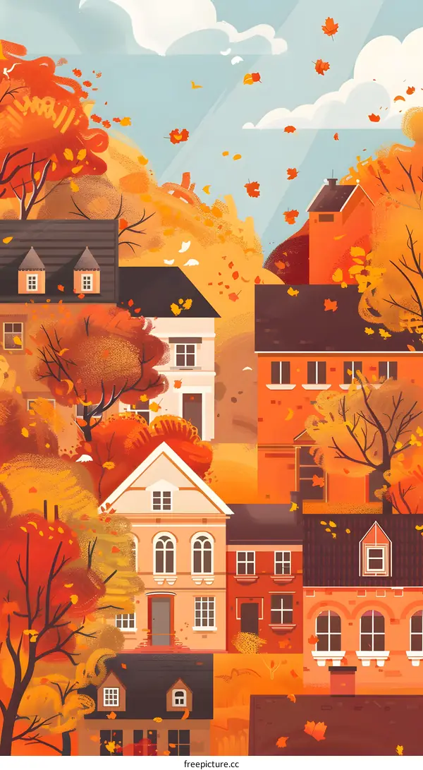 Autumn Leaves Falling on Houses in a Village