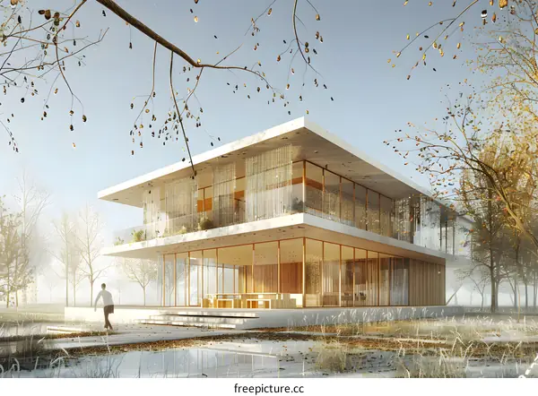 Modern lakeside house with big windows