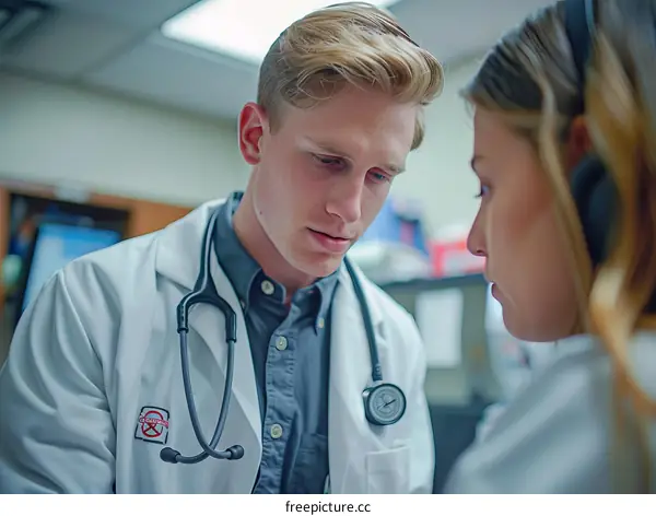 Two healthcare professionals look at a patient's chart