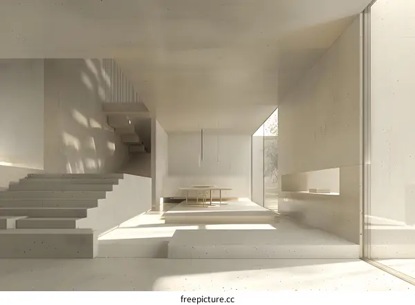 Minimalist Concrete House Interior Design With Staircase And Table