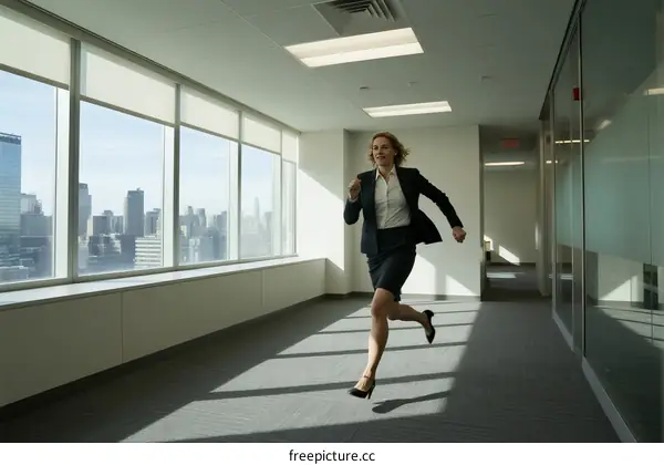Businesswoman running energetically in an office with city view