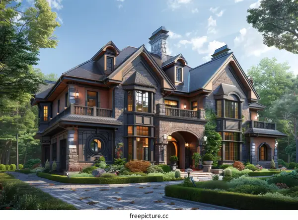 European style house with brick and wood elements
