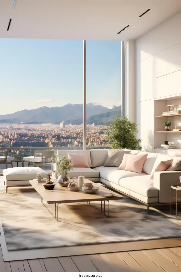 A modern living room with a large window and a view of the city