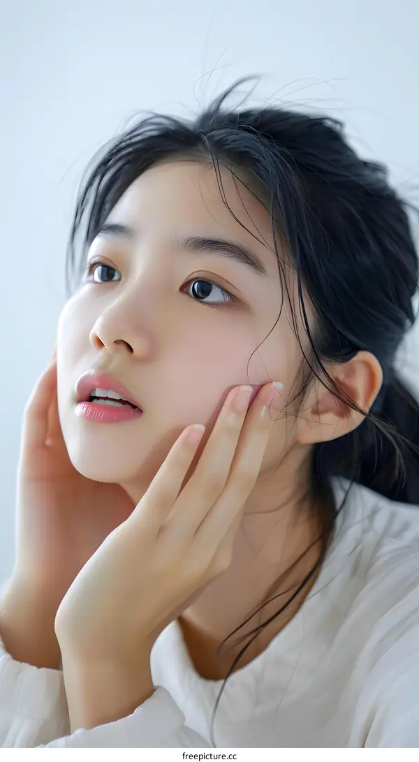 Close Up Portrait of Asian Woman with Hands on Face