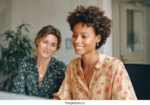 Two Women Collaborating at Desk in a Modern Office