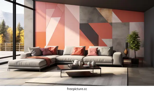 Modern living room interior with large windows and geometric wall pattern
