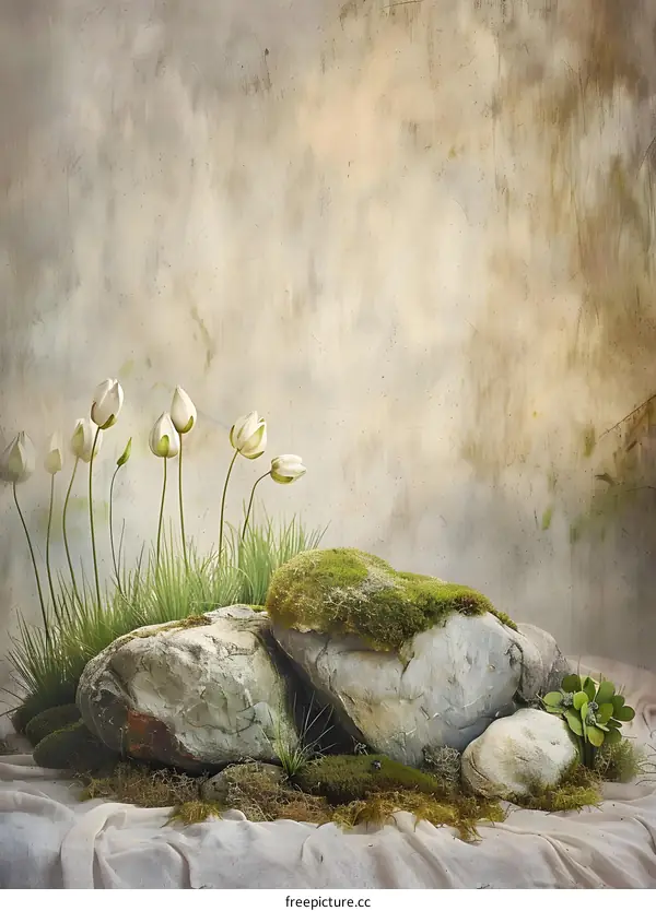 White Flowers Growing on Moss Covered Rocks