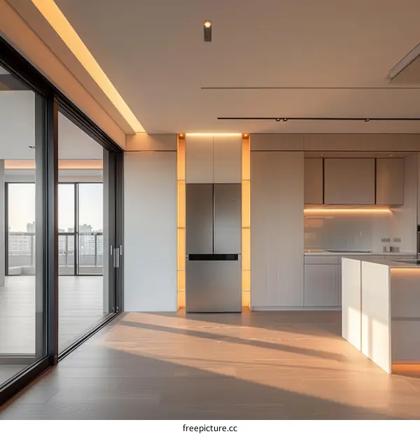 An empty apartment with a large balcony and a view of the city