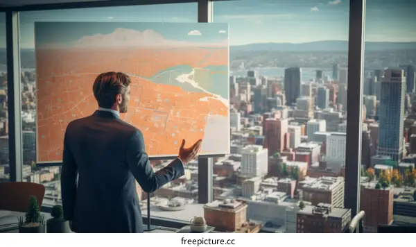 Businessman looking at a map of the city from an office window