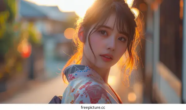 A Young Japanese Woman in a Kimono at Sunset