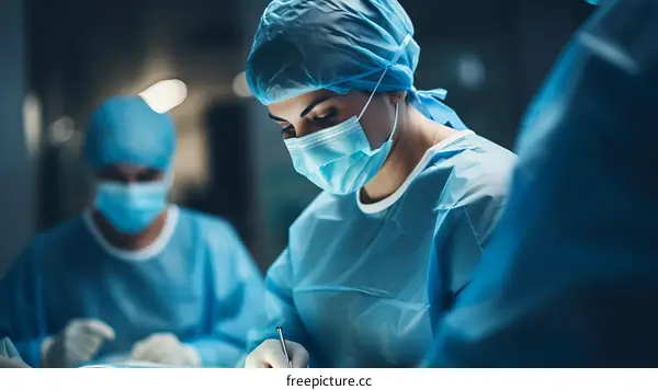 A group of surgeons perform an operation in a hospital operating room.