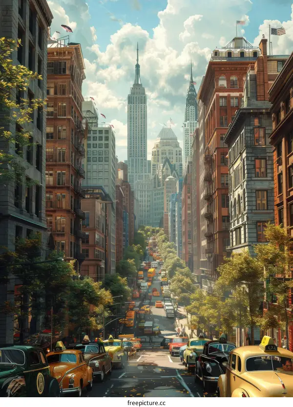 Vintage New York City Street Scene with Many Cars