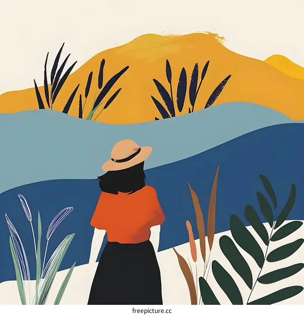 Woman in Hat Standing and Looking at the Landscape