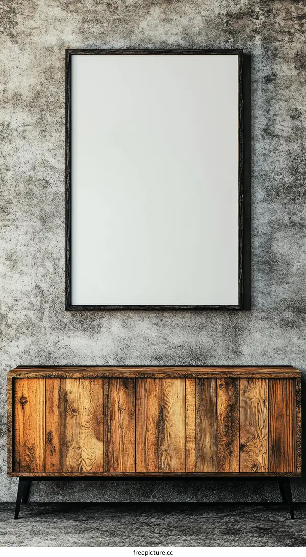 Empty Frame on Concrete Wall with Wooden Cabinet