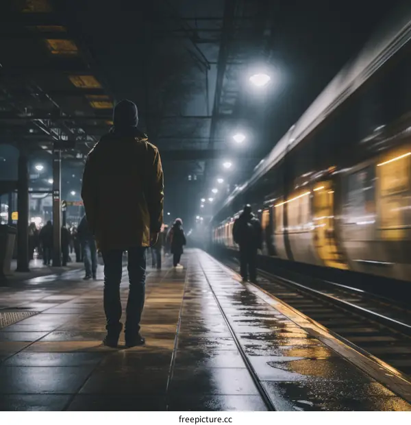 Man in yellow jacket waiting for train on platform at night