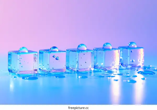 Ice Cubes with Water Droplets in Neon Colors