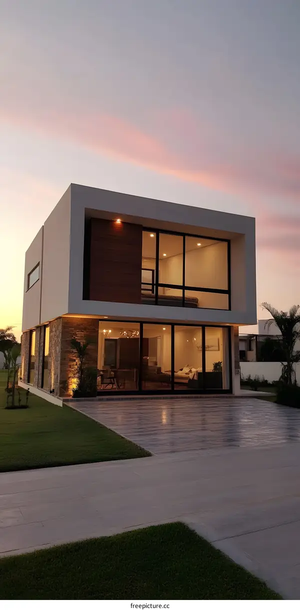Modern House Design With A Beautiful Sunset Sky