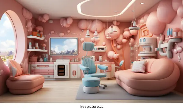 A whimsical pink and blue medical clinic interior