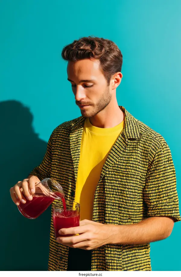 Man Pouring Red Juice into Glass Against Teal Background