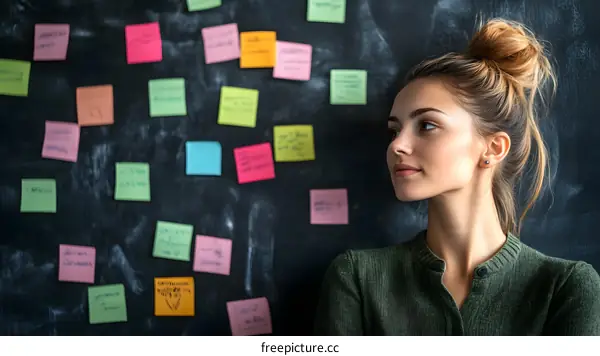 Young Woman Looking at Sticky Notes on Wall