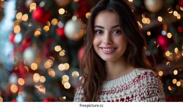 A beautiful young woman is smiling in front of a decorated Christmas tree.