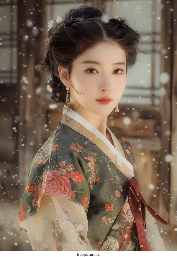 Portrait of a young woman in traditional Korean dress, or Hanbok