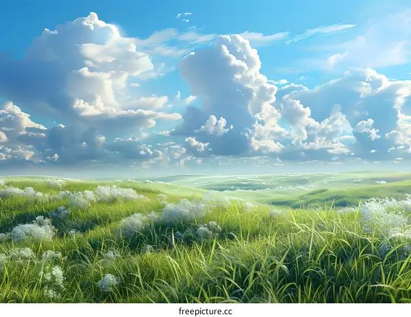 Green rolling hills under a blue sky with white clouds
