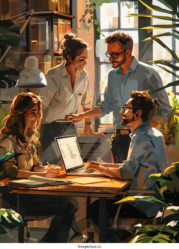 Four people in a room with plants