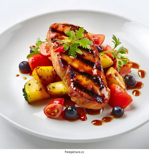 Grilled Salmon with Roasted Vegetables and Blueberry Glaze