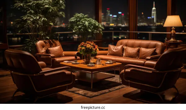 Luxurious living room with a view of the city at night