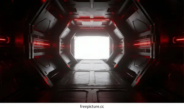 Futuristic spaceship corridor with red lighting and white window