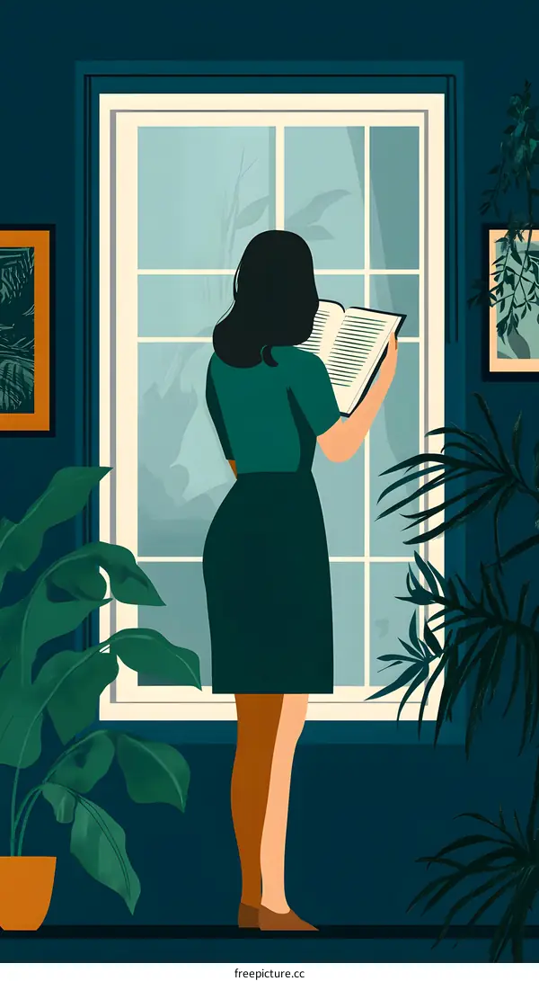 Woman Reading by a Window with Green Plants