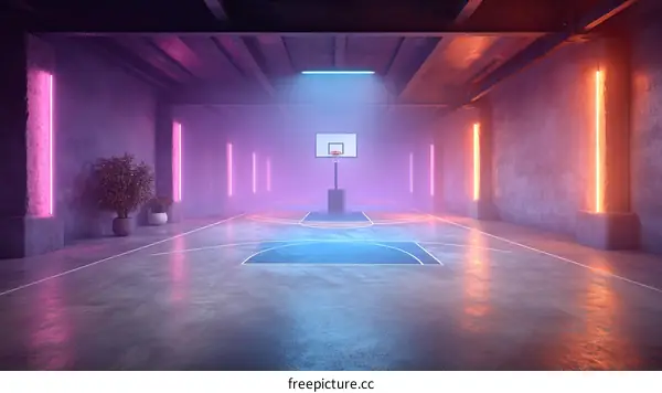 Neon Lit Basketball Court Interior