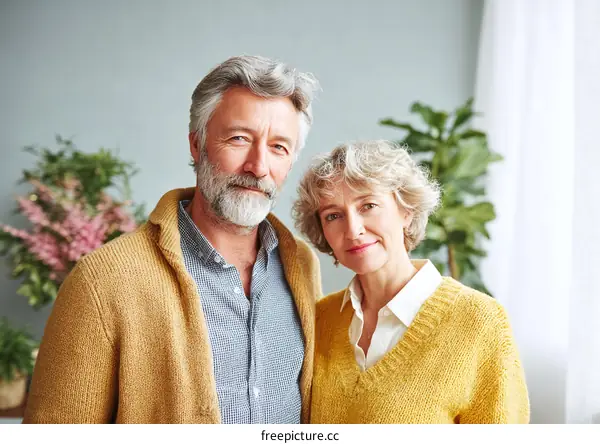 Middle-aged couple standing together in a cozy indoor setting