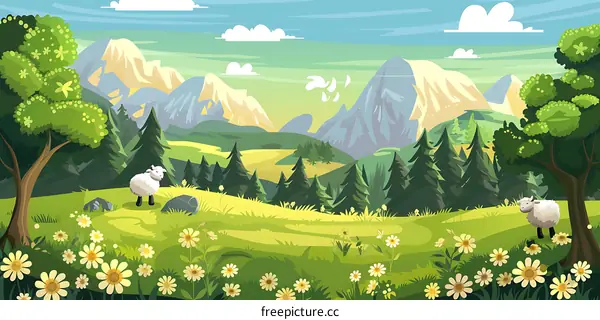 Cartoon Illustration of Sheep in Meadow
