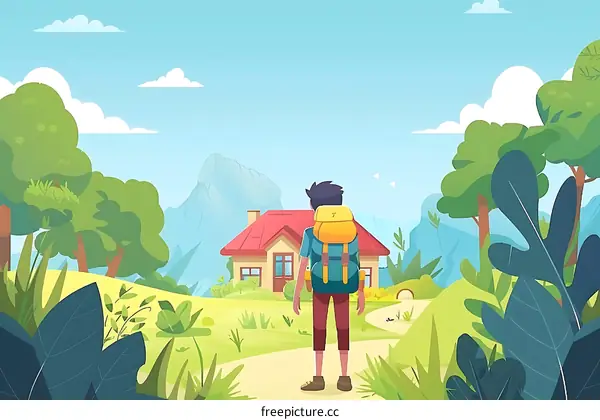 Backpacker Looking at House in Mountain Landscape Illustration