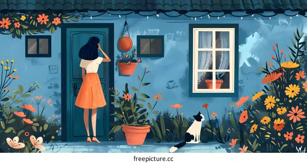 A girl knocking at the door with a cat nearby