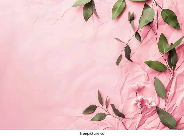 Green Leaves and Pink Flowers on Crinkled Pink Background