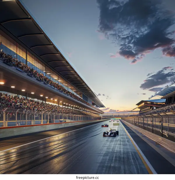 Formula One Cars Racing on Track at Dusk